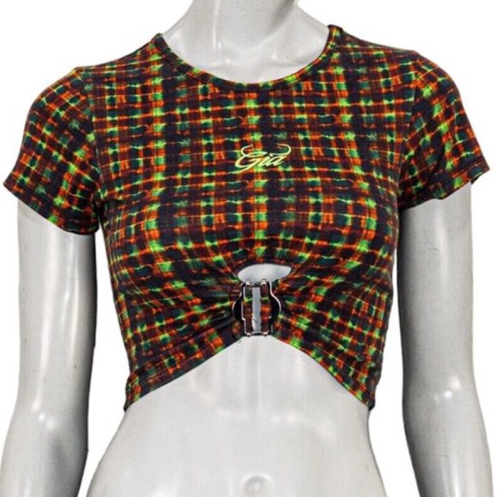 I.AM.GIA Tatiana Tie Dye Plaid Women’s Cotton Short Sleeve Crop Top Size Small